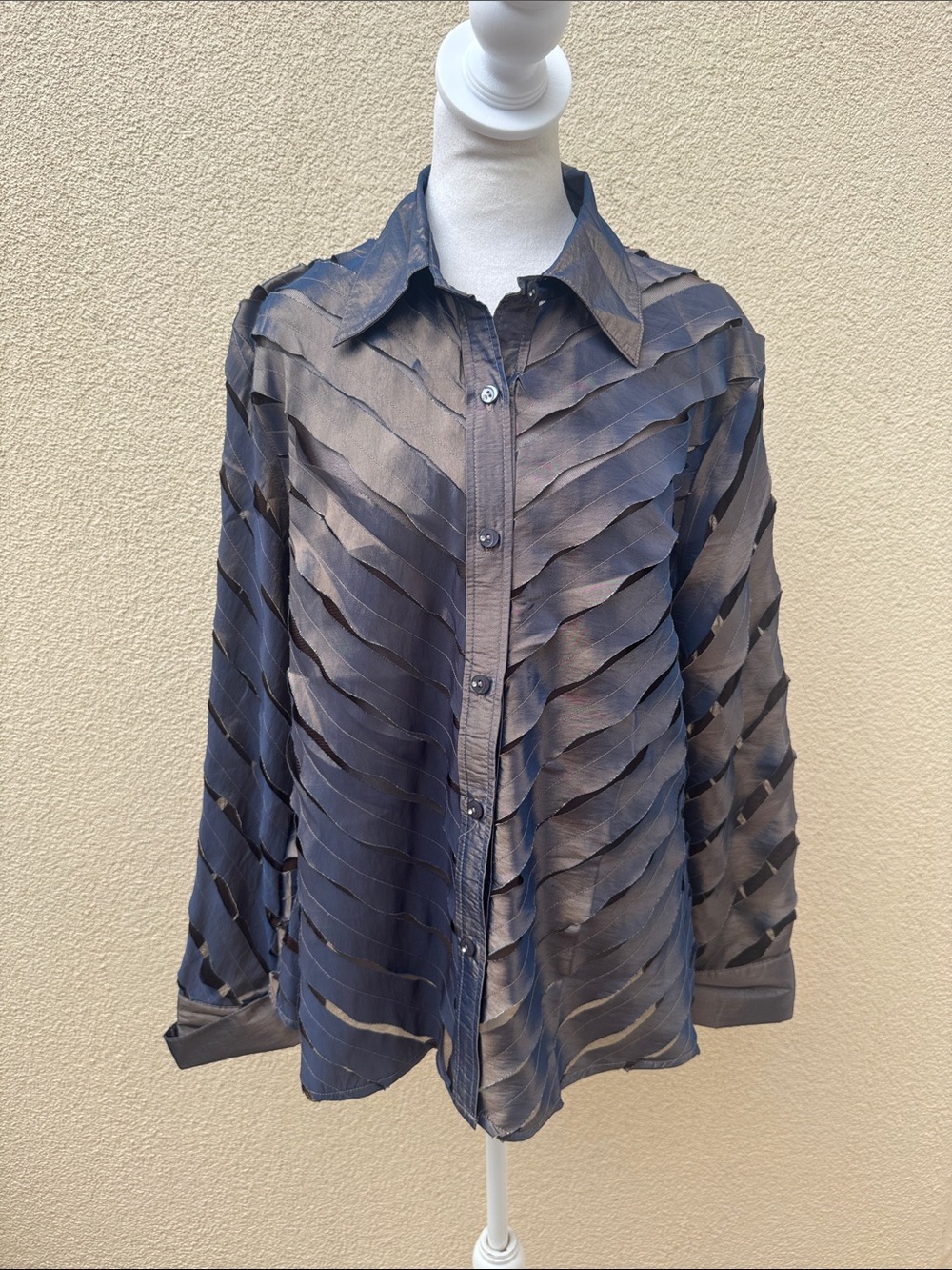 Zba long-sleeve blouse metallic iridescent bronze copper sheen diagonal mesh